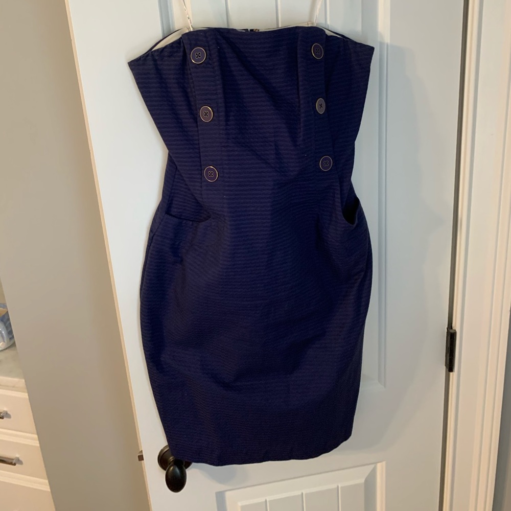 Lilly Pulitzer navy strapless dress with gold accent buttons size 6